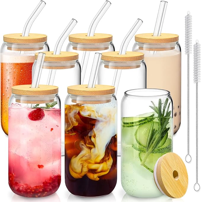 SENTVEND 16 Oz Drinking Glasses with Bamboo Lids and Glass Straw - 8 Pcs Glass Cups Beer Ice Coffee Glasses Cute Aesthetic Cup Great for Coffee Bar Accessories Include 2 Cleaning Brushes by SENTVEND
